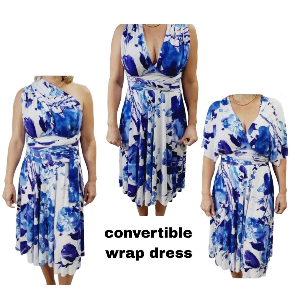 Dessy Collection Vivian Diamond Floral wrap convertible dress white blue Xs To M